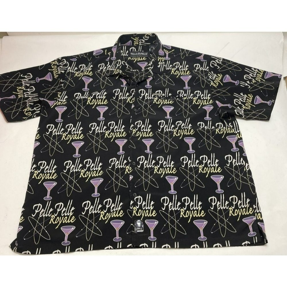 Pelle Pelle Black Button Shirt Mens Size XXL Purple Martini Drink Party Royale